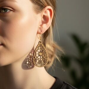 Gold Filigree Teardrop Earrings - Elegant Floral Cutout